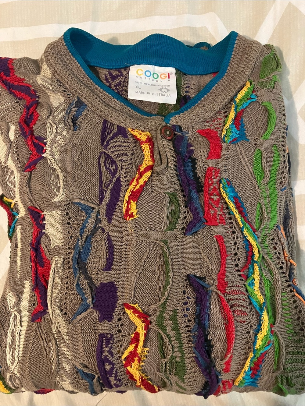 Authentic 80’s/90’s COOGI Taupe Multicolor Distressed Cable-Knit Sweater